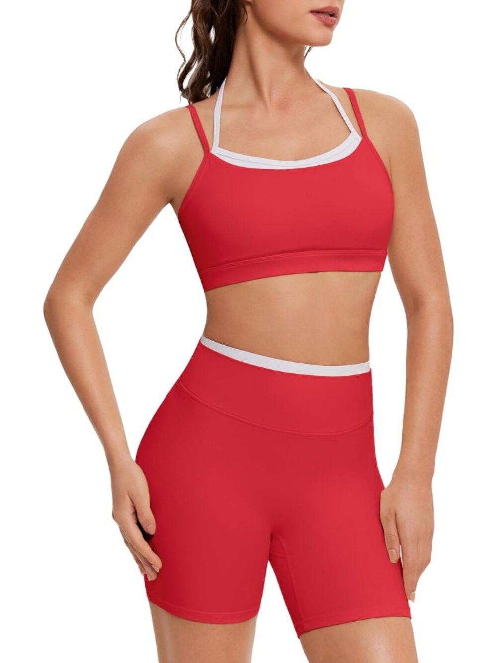 Women Red Doubel Layer Open Back Activewear Sports Bra & Gym Shorts Set